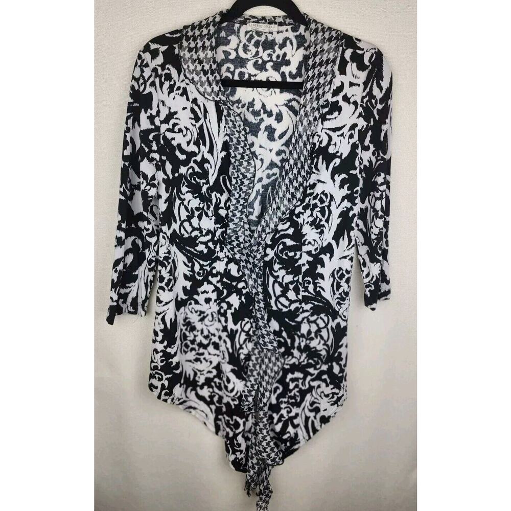 Alberto Makali Wrap Top Black White Ruffle Neck 3/4 Sleeve Lightweight Size L - Picture 3 of 7
